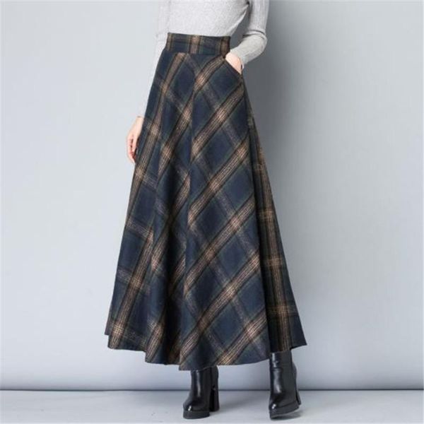 Röcke Mom Hohe Taille Woolen Plaid Herbst Winter frauen Plus Größe Wolle Maxi Weibliche Mode Casual Lange Streetwear