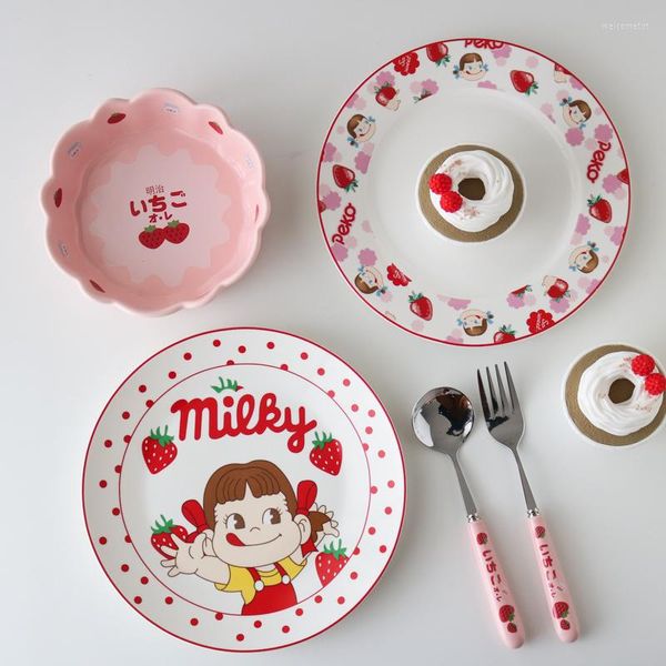 Teller Erdbeermilchschwester 8-Zoll-Keramikteller/kleine Schüssel mit rosa Blütenblatt/Gabellöffel