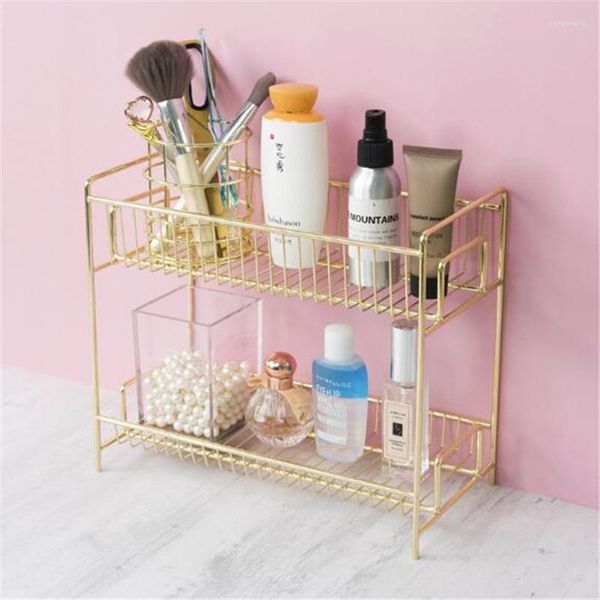 Ganci Nordic Desktop Makeup Organizer Rack di stoccaggio Scaffale da bagno in metallo dorato Portagioie in ferro Decorazioni per la casa