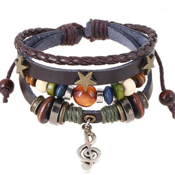 Charm-Armbänder, handgefertigt, Boho-Zigeuner-Hippie-Design, braunes Leder mit Stern-Note, Metallanhänger, Holzknopf, Perlen, Wickelarmband, Unisex, verstellbar