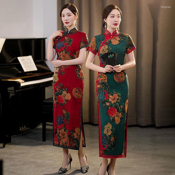 Etnik Giyim Geleneksel Çin Cheongsam Kadınlar İçin 10 Renk Retro Zarif Çiçek Baskı Uzun Gelinlik Kırmızı İnce Qipao 5xl Plus