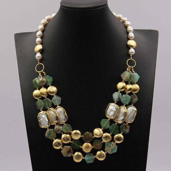 Colares de pingentes jóias guaiguai 3 fios Cristóprase verde natural reais jóias brancas keshi pérola colar 21 