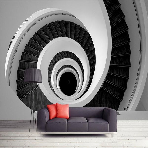 Wallpapers Benutzerdefinierte 3D PO Wallpaper Schwarz Weiß Swirl Treppe Moderne kreative Kunst Wandmalerei Wohnzimmer TV Hintergrund Tuch Wandbild