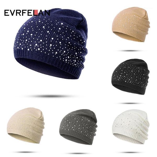 Berretti Beanie/Skull Caps Evrfelan Inverno Autunno Beanie Cappelli Donna Soft Knitting Skullies Cappello Moda femminile Strass Cotton Cap1