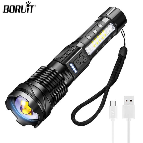 Taschenlampen BORUiT 30 W weiße Laser-Taschenlampe, 1200 m Beleuchtung, eingebauter 2600 mA-Akku, USB-C, wiederaufladbar, taktische militärische Suchtaschenlampe 0109