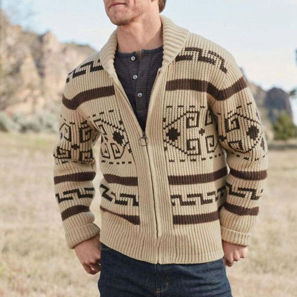 Мужские свитера 2023 Осенняя зимняя свитер печать мода мужская вязаная куртка лацка на молнии на молнии с длинными рукавами простота западный стиль