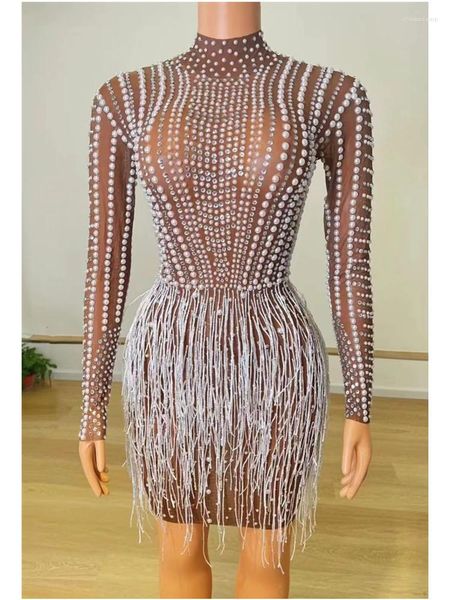 Lässige Kleider Abend sexy blinkende Perlen Strass Rande Rand transparent Kleid Geburtstag Feiern Sie Abschlussball Schauen Sie sich Outfit Frauen Tänzerin