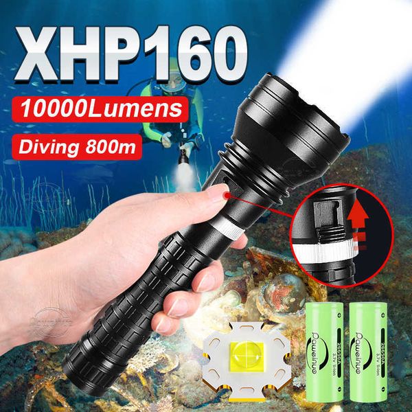 Фонарики факелы 10000LM Super Bright Diving Flashlight Single Mode Rechargeable XHP160 Diving Torch 800M подводной лампы IPX8 Водонепроницаемый фонарь 0109