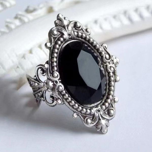 Wedding Rings Black Stone Engagement Bezel Ring Art Deco Carved Band Dainty Modern Bridal Cocktail Oval Jewelry