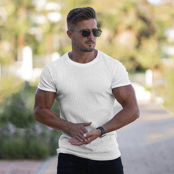 Herren T-Shirts Gym T-Shirt Sommer Einfarbig Kurzarm Gestrickte Kurze Ärmel Sport Slim Fit T-Shirt Männlich Fitness Bodybuilding