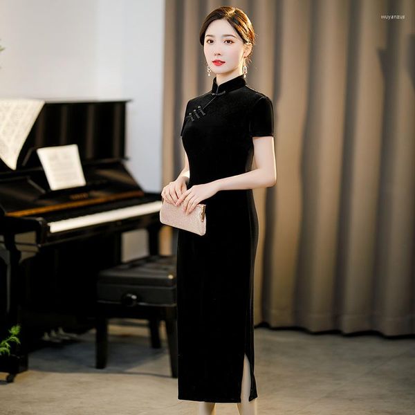 Этническая одежда черная твердая винтажная Qipao Sexy Slim Slim Mandarin воротник Cheongsam Традиционное восточное китайское платье Велюр Зимний