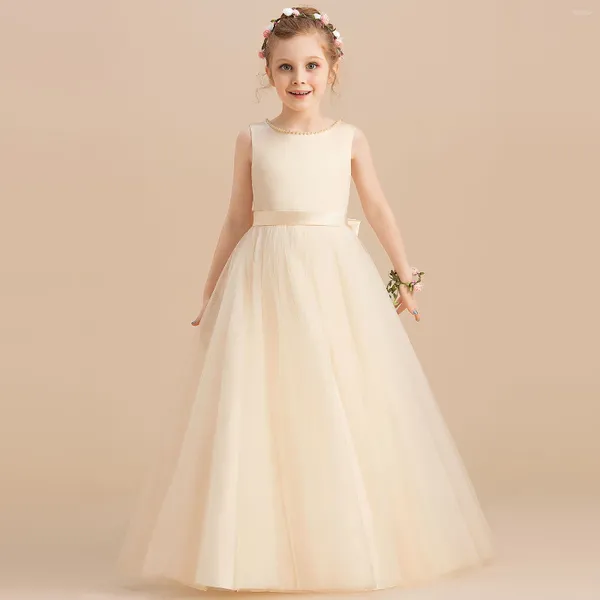 Vestidos de menina Flor Tulle Bow Pearl Party Festy Growns for Weddings Robes de Comunhão Aniversário Princesa Princesa Vestido