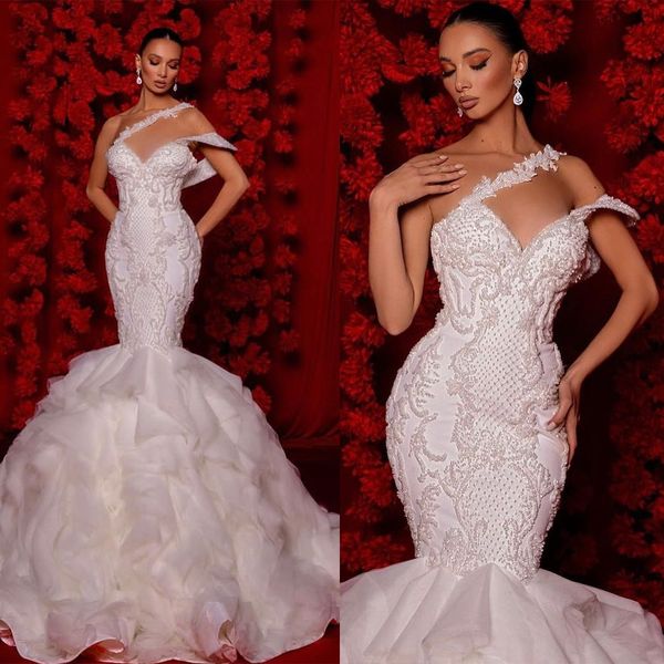 Eleganti abiti da sposa sirena di sirena art ispirato a decorle senza maniche per pizzo senza schiena applicazione sottile pavimento sottile lunghezza personalizzata su misura per le dimensioni più dimensionali di novità