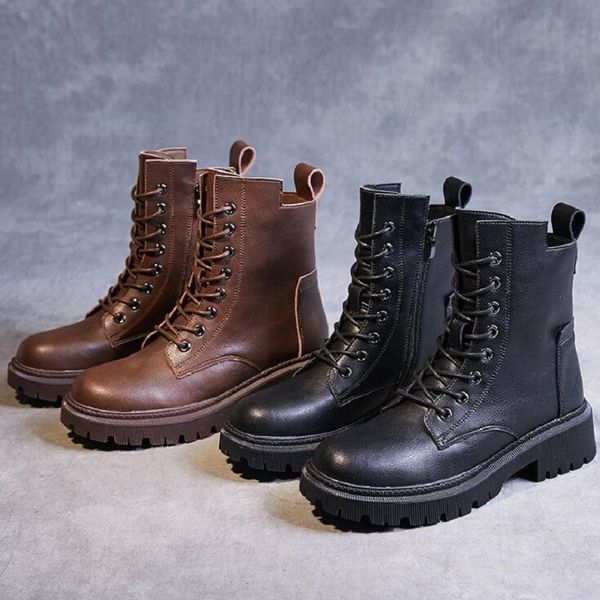 Frauen Stiefel Retro Britischen Stil Leder Schuh Für Frauen 2023 Neue Kurze Stiefel Platz Ferse Plattform Schuhe Da023