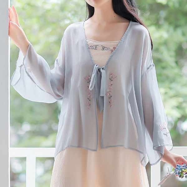 Damenjacken Sommerjacke Frauen Sonnenschutzkleidung Mode Chinesischen Stil Schal Chiffon Bluse Strand Mädchen Hemd Tops Dünn