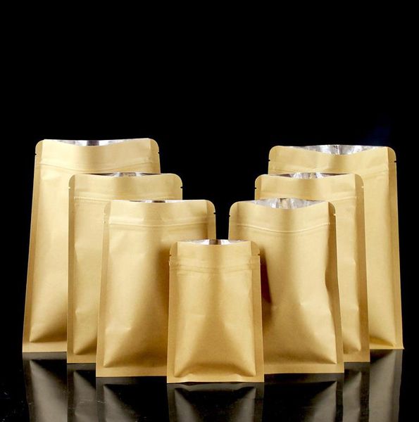 200pcs yeniden kapatılabilir düz dip kraft kağıt zip kilit ambalaj torbası kalın folyo kakma atıştırmalık öğütülmüş kahve çayı hediyeleri depolama torbaları