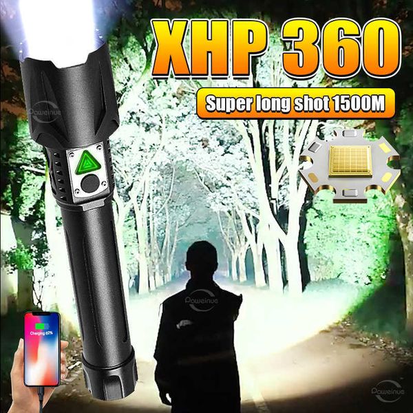 Torce Torce Torcia XHP360 super luminosa Torcia ricaricabile Lampada Torcia Zoom 800m Torcia a LED ad alta potenza con ricarica USB Power Bank 0109