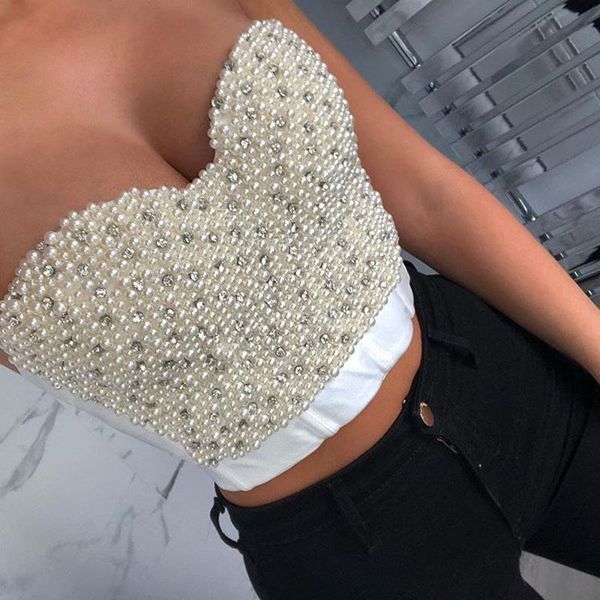 Kadın Tankları Camis Seksi En İyi Kadınlar İnci Rhinestones Mahsul Korse Tank Boncuklu Arka Beyaz Tops 2023