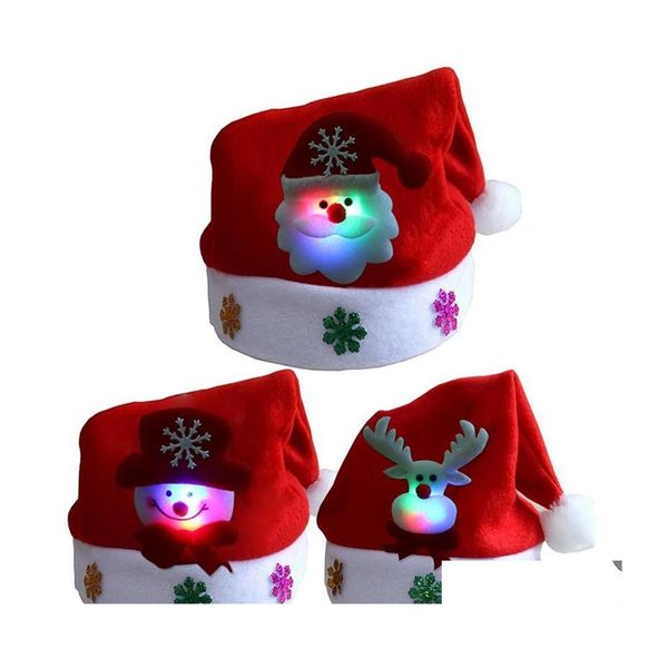 Noel Süslemeleri Şapkalar Merry Adt Kid Led Light Up Cap Noel Claus Snowman Elk Çocuk Şapka Hediyesi DHS DROW TESLİM HOME GED DH0RJ