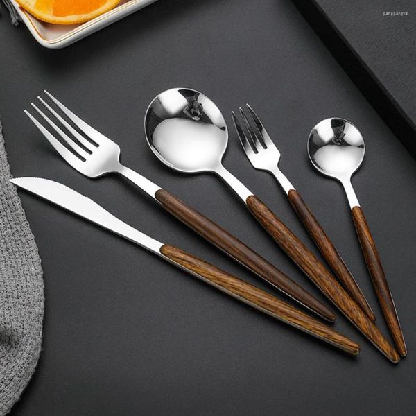 Utensílios de jantar de 5pcs colher de metal faca conjunto de lutas de aço inoxidável prateado de ouro com maçaneta de madeira talheres de talheres ocidentais