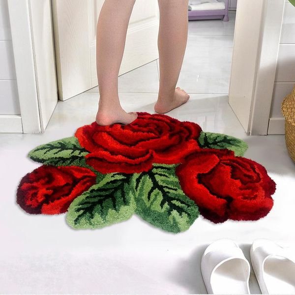 Teppiche Hochwertiger 3-Rosen-Teppich, Bodenmatte, handgefertigter Teppich, rutschfest, moderner Küchenbereich, rote Blumen, geformte Teppiche, 80 x 60 cm