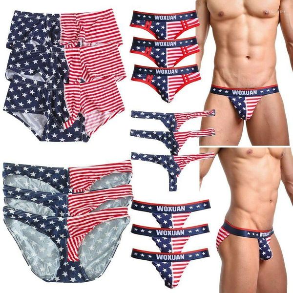 Underpants 3pcs Sexy Cotton Mens Briefs/ G-String Thong/ Boxers Shorts/ Roupa íntima USA Flag listra Jockstrap Men Panties Lingerie