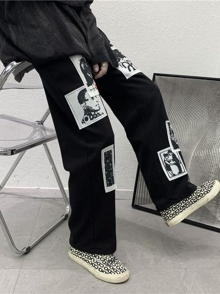 Lievs Pantaloni da Uomo Goth Punk Uomo Casual Patch Neri Pantaloni a Gamba Larga Pantaloni Larghi High Street Anime Fondo Dritto Streetwear Abbigliamento Donna