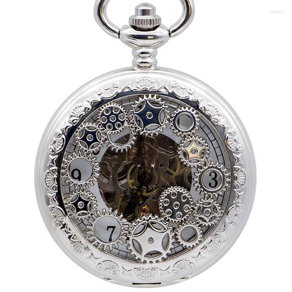 Карманные часы бренд скелет скелет скелет по полой шестерне римские цифры