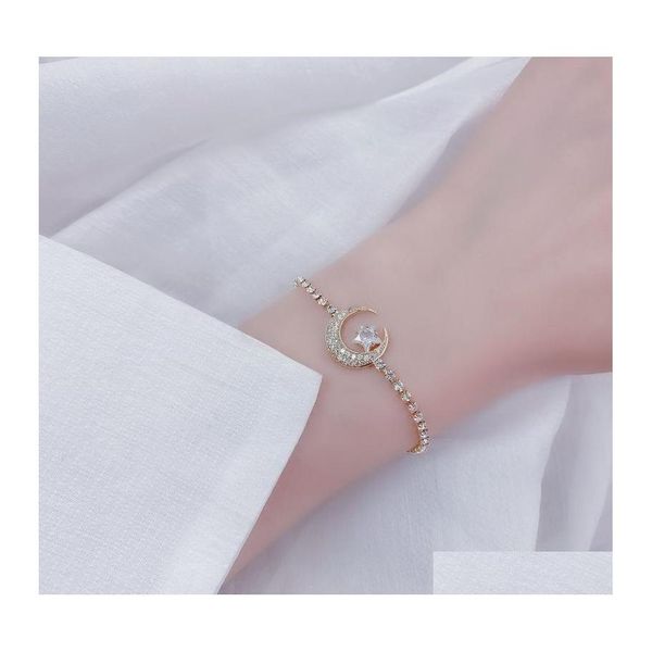 Bracelets de charme 14K Real Gold Plating Corean Requintado Crystal Star Lua Bracelete Mulheres Elegantes Temperamento Presente de Aniversário Jóias Dr Otiv4