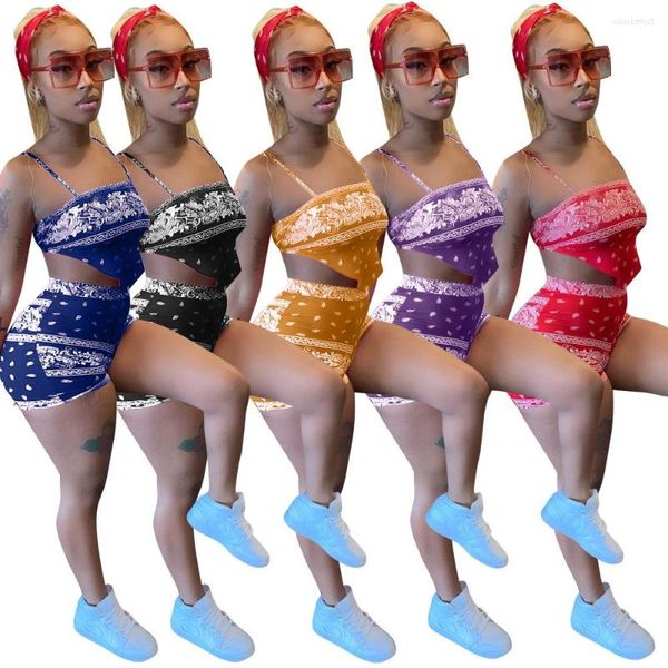 Damen-Trainingsanzüge, sexy Bandana, 2-teiliges Club-Outfit, Sommer-Spaghettiträger-Crop-Top und Mini-Shorts, Damenmode, bedruckt, Party-Clubwear