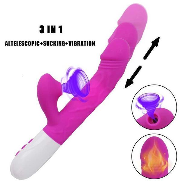 Massageador de brinquedos sexuais Massageador adulto 3 em 1 Aquecimento Clitador de vibradores de coelho Sucking vagina