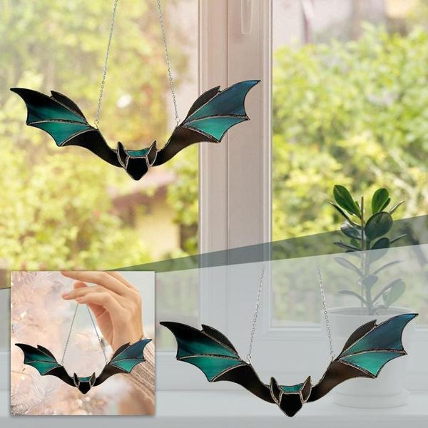 Figurine decorative Pipistrello di Halloween Vetrata Suncatcher Finestra da appendere in acrilico Wall Art Ball Ornaments Albero di Natale all'aperto