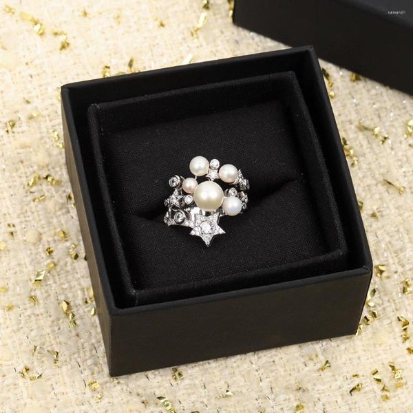 Ringos de cluster 2023 Pure 925 Sterling Silver Jewelry for Women Star Pearls Diamond Wedding noivado de casamento Big anel de largura Lucky Luxugo