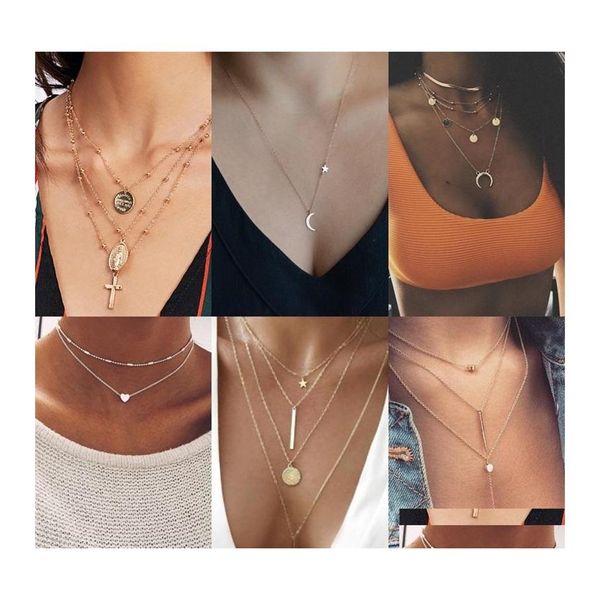 Anhänger Halsketten Vintage Mtilayer Crystal Halskette Frauen Gold Farbkäfe Mond Stern Horn Crescent Choker Schmuck 828 Q2 Drop Delive ot75p