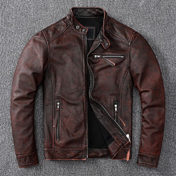 Herren Leder Faux Vintage Brown Coat Classic Biker Style Kurzschlug echter Jacke Männer lässig asiatische Größe 6xl Herbst Großhandel 230109