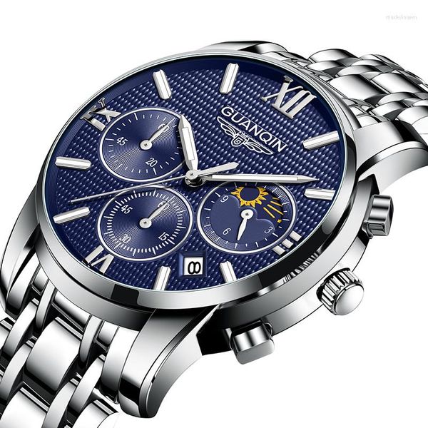 Relógios de pulso Guanqin 2023 Mens relógios top Brand Steel Hands Luminous Data Automática Lua Fase Provércia Água de quartzo Relógio para homens GS19170