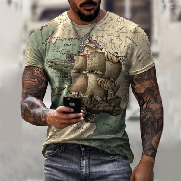 Herren-T-Shirts, Sommerkarte, nautisches Schiff, 3D-Druck, Rundhals-Unterseite, einzigartiges und interessantes männliches Kurzarm-T-Shirt