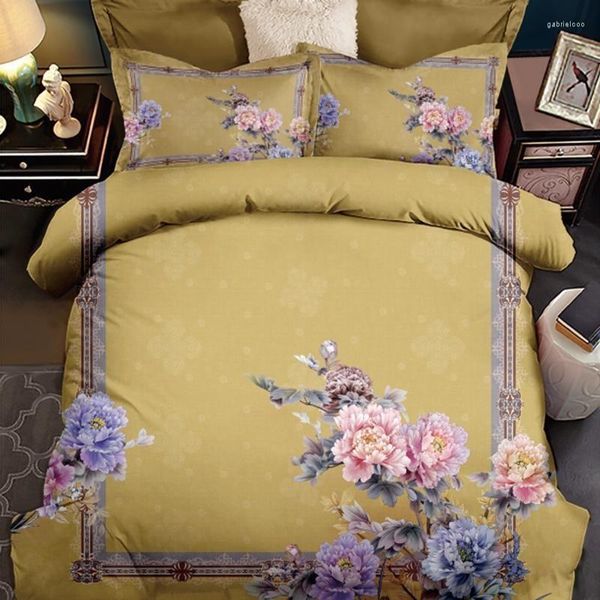 Conjuntos de cama Vintage Flor Impressão Duveta Capa Conjunto Folha de Cama Fronhas Queen King 4 Pcs Algodão Colorido Desenho Antigo