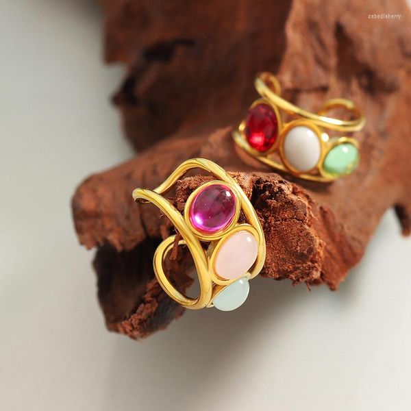 Anéis de casamento Anel de contas de vidro colorido vintage Abertura exclusiva de aço de aço para mulheres Acessórias de jóias de festa de moda