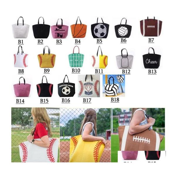 Borse portaoggetti 18 Stile Baseball Tote Borse in tela Softball Football Shoder Bag Basket Stampa Cotone Sport Borsa da calcio Drop D Dhaue