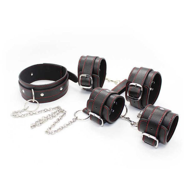 Articoli di bellezza Pelle PU Colletto al collo con linea rossa con catena al guinzaglio BDSM Polsini Polsini alla caviglia Bondage Set Restraint sexyy Toy Gioco per adulti