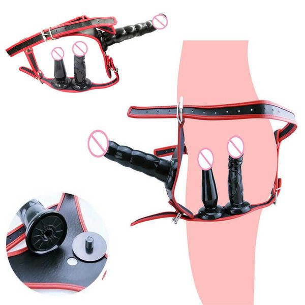 Beauty Items Abnehmbare 3 Dildos Plug Harness Tangas Kunstleder Keuschheitsgürtel Höschen G-Punkt BDSM Zurückhaltung Klitoris sexy Spielzeug Frau Lesben