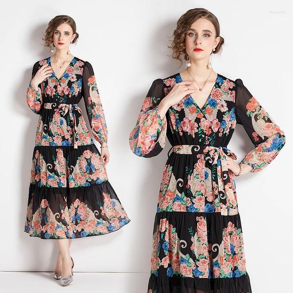 Casual Kleider Herbst Occident Elegante Frauen Lange Sexy V-ausschnitt Große Schaukel Schwarz Farbe Floral Gedruckt Hohe Taille Süße Freizeit Vestido