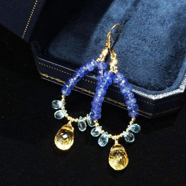 Baumelnde Ohrringe Lii Ji Tansanit Citrin Blauer Topas 14K Gold gefüllter Naturstein handgefertigter Schmuck für Frauen Geschenk