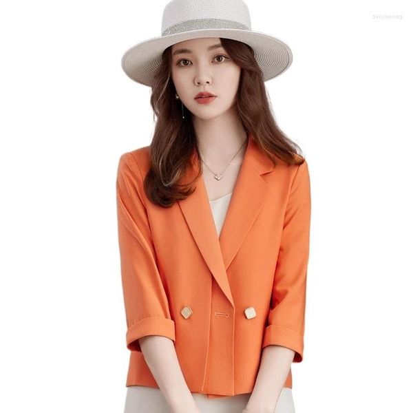 Frauenanzüge Orange Blazer Frauen 2023 Sommer Fashion Double Breasted Halbärmel Slim Jacket Office Ladies Casual Formal Work Mantel