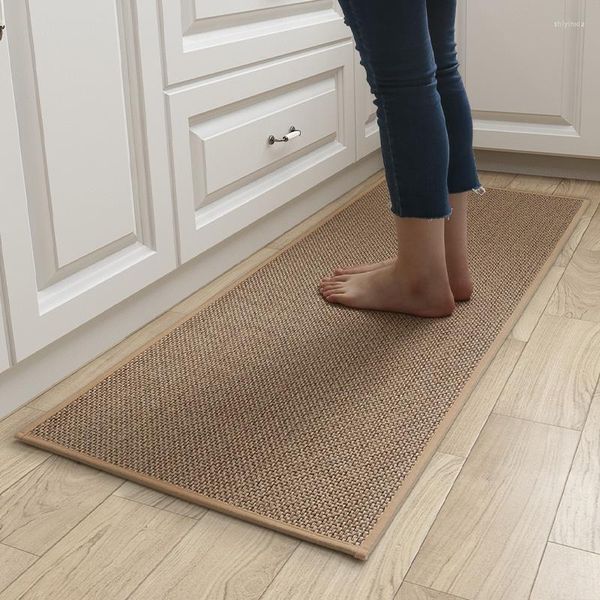 Teppiche Leinengewebe Küchenbodenmatte Anti-Rutsch-Rutschwäsche Teppich Gummiboden natürliche Twill Flachs Eingangstür Langer Teppichöl-resistent haltbar