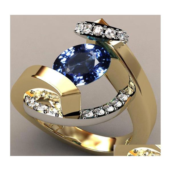 Anillos de banda Anillo de piedra de circón blanco azul Hombre Mujer Oro amarillo Joyería de boda Promesa Compromiso para hombres Entrega de gota Otfgf