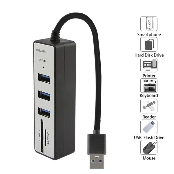 Hochgeschwindigkeits-USB-3.0-Hub mit 3 Anschlüssen und Micro-SD/TF-Kartenleser, Mini-Multi-USB-Splitter, Netzteil, mehrere Expander, Zubehör für PC, Computer, Laptop