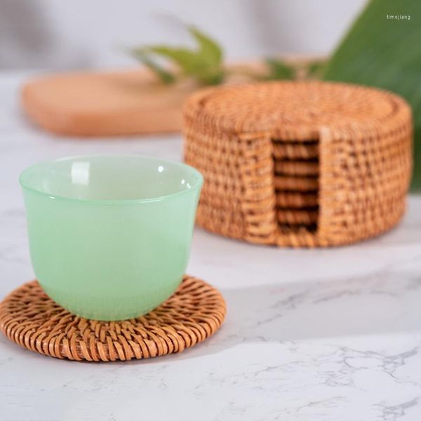 Mats Mats Rattan Coasters com caixa de armazenamento de suporte à mão de chá de chá redonda para bebidas de cozinha artesanato