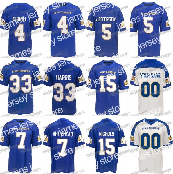 American College Football Wear Winnipeg Blue Bombers 4 Adam Bighill 33 Andrew Harris 5 Willie Jefferson 15 Matt Nichols 7 Lucky Whitehead Jersey